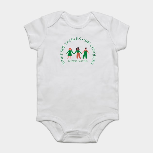 What she tackles, she conquers. In Omnia Paratus - fundraiser Baby Bodysuit by Stars Hollow Mercantile